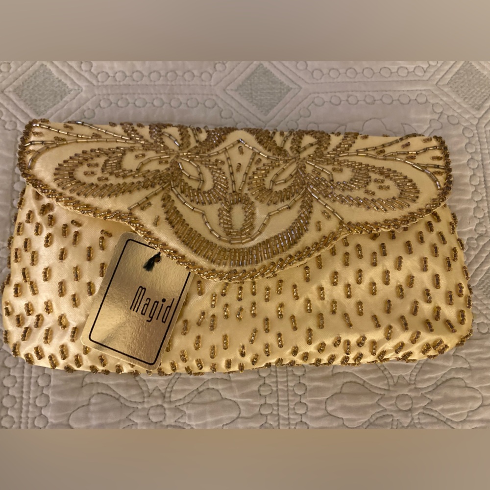 New w Tag VINTAGE Magid Gold Sequined Evening Bag Clutch/Strap Snap Closure